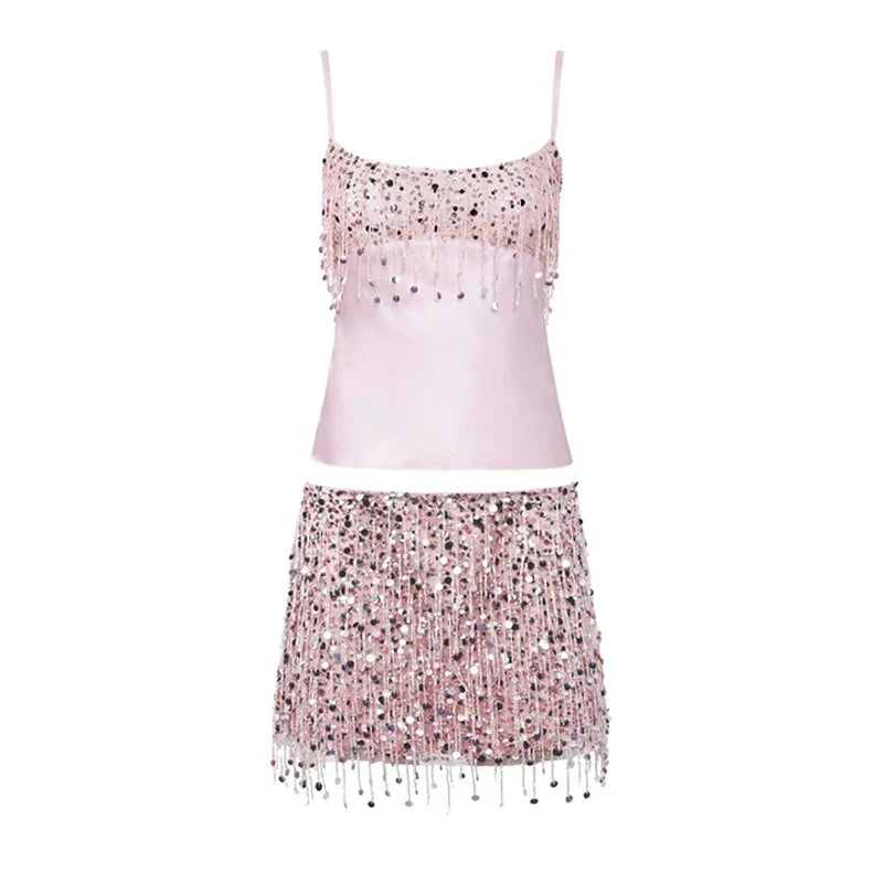 Bikini Sets Women Sequin Tassel Two Piece Top and Skirt | Kestrel