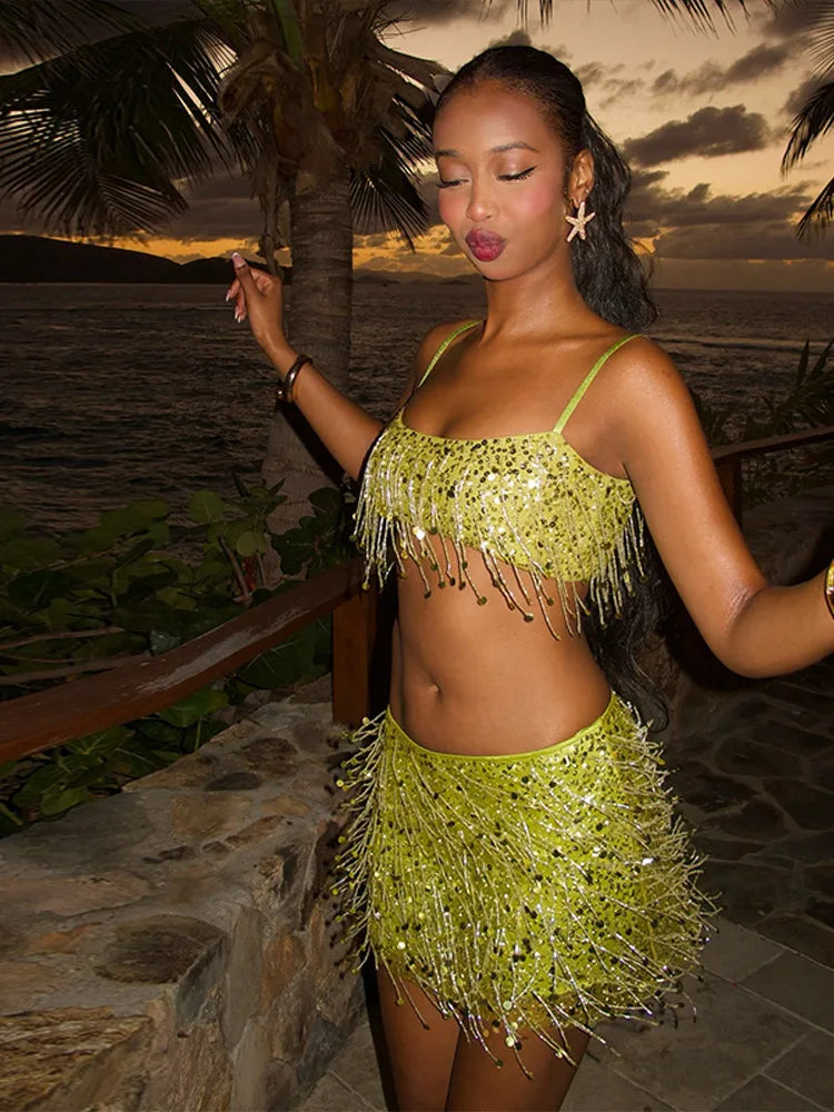 Bikini Sets Women Sequin Tassel Two Piece Top and Skirt | Kestrel