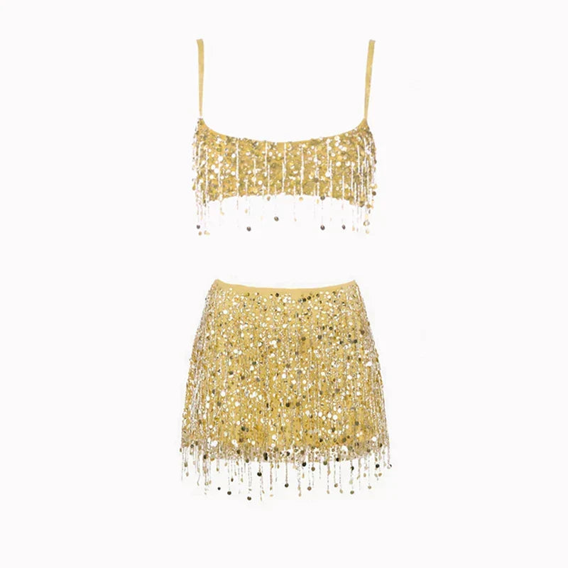Bikini Sets Women Sequin Tassel Two Piece Top and Skirt | Kestrel