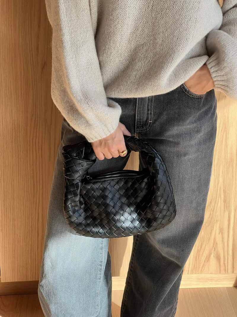 Women woven mini handbag braided faux leather compact shoulder bag