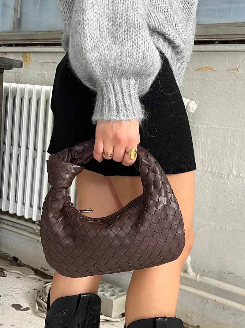 Women woven mini handbag braided faux leather compact shoulder bag