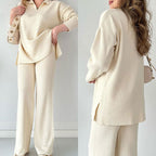 Anouk | Women's Wide Leg Pant Set | Long Sleeve, High Waist, Side Slit