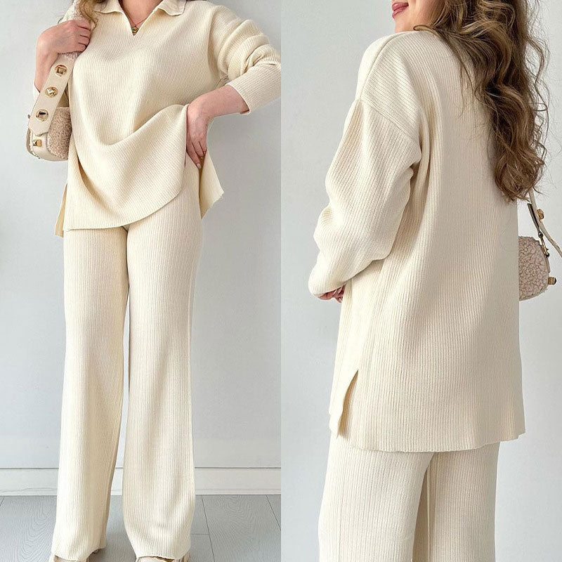 Anouk | Women's Wide Leg Pant Set | Long Sleeve, High Waist, Side Slit