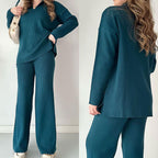 Anouk | Women's Wide Leg Pant Set | Long Sleeve, High Waist, Side Slit