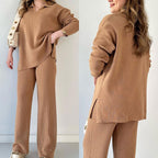 Anouk | Women's Wide Leg Pant Set | Long Sleeve, High Waist, Side Slit