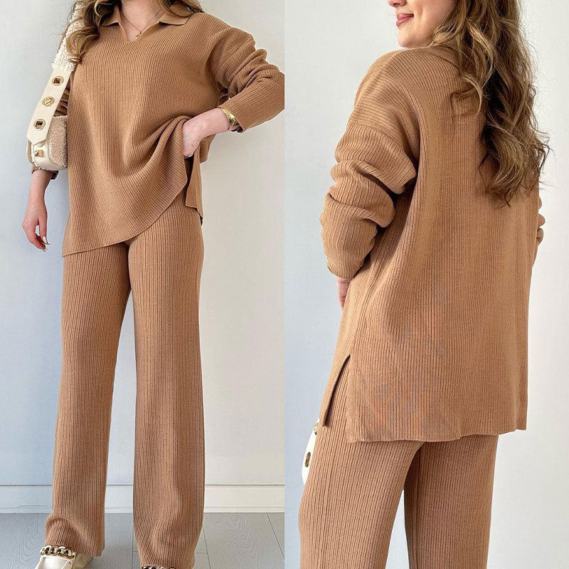 Anouk | Women's Wide Leg Pant Set | Long Sleeve, High Waist, Side Slit