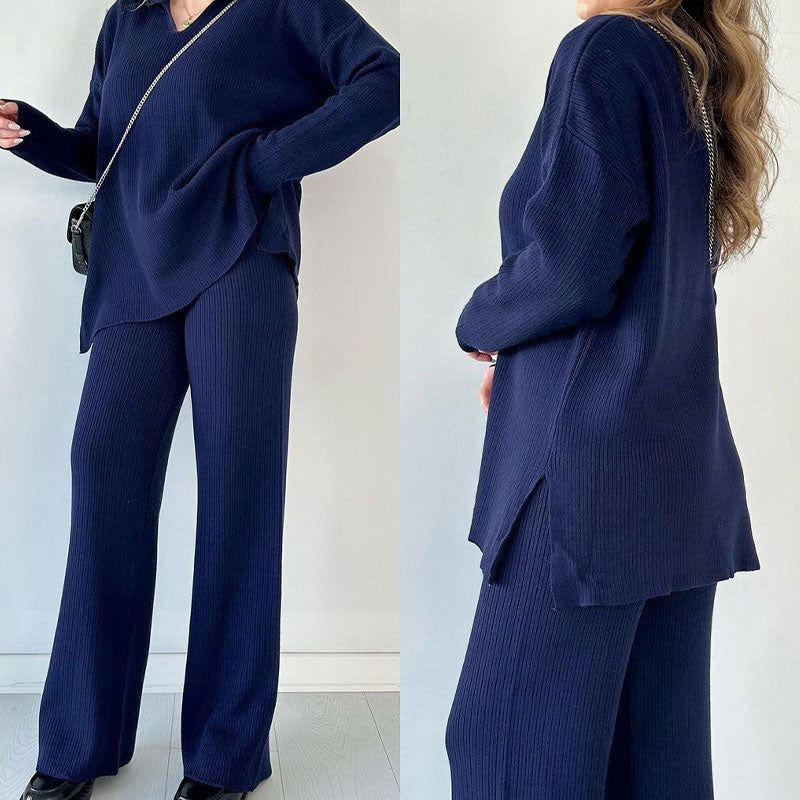 Anouk | Women's Wide Leg Pant Set | Long Sleeve, High Waist, Side Slit