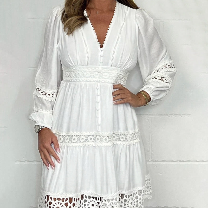 Women Lace Dress Vintage V Neck Fitted Midi | Thea