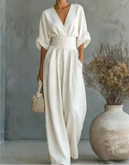 Ondina | Women's Wide-Leg Jumpsuit | V-Neck, Belted Waist | Elegant