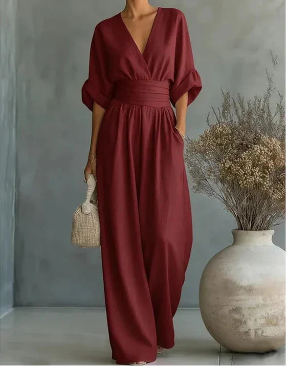 Ondina | Women's Wide-Leg Jumpsuit | V-Neck, Belted Waist | Elegant