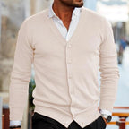Men knit cardigan V-neck button front in dark red, casual style