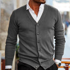 Men knit cardigan V-neck button front in dark red, casual style