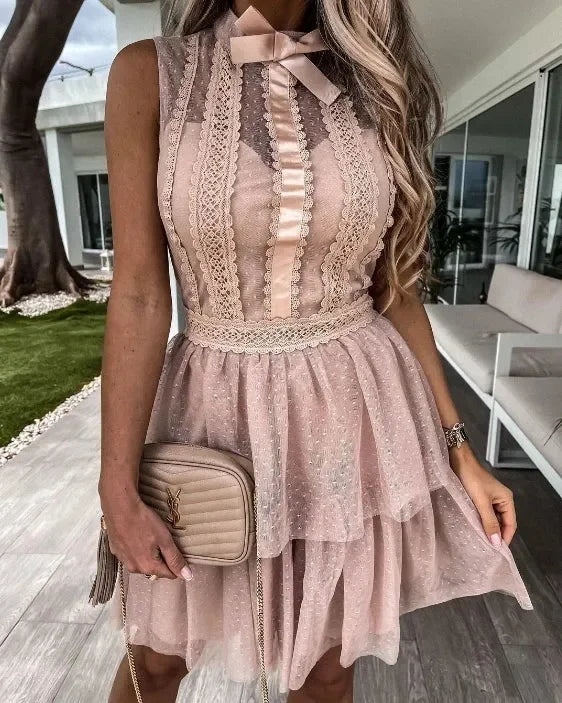 Mini Dress Women Pink Ruffle Trim Sleeveless