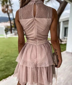 Mini Dress Women Pink Ruffle Trim Sleeveless