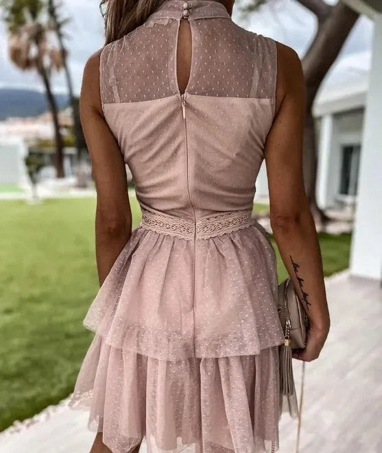 Mini Dress Women Pink Ruffle Trim Sleeveless