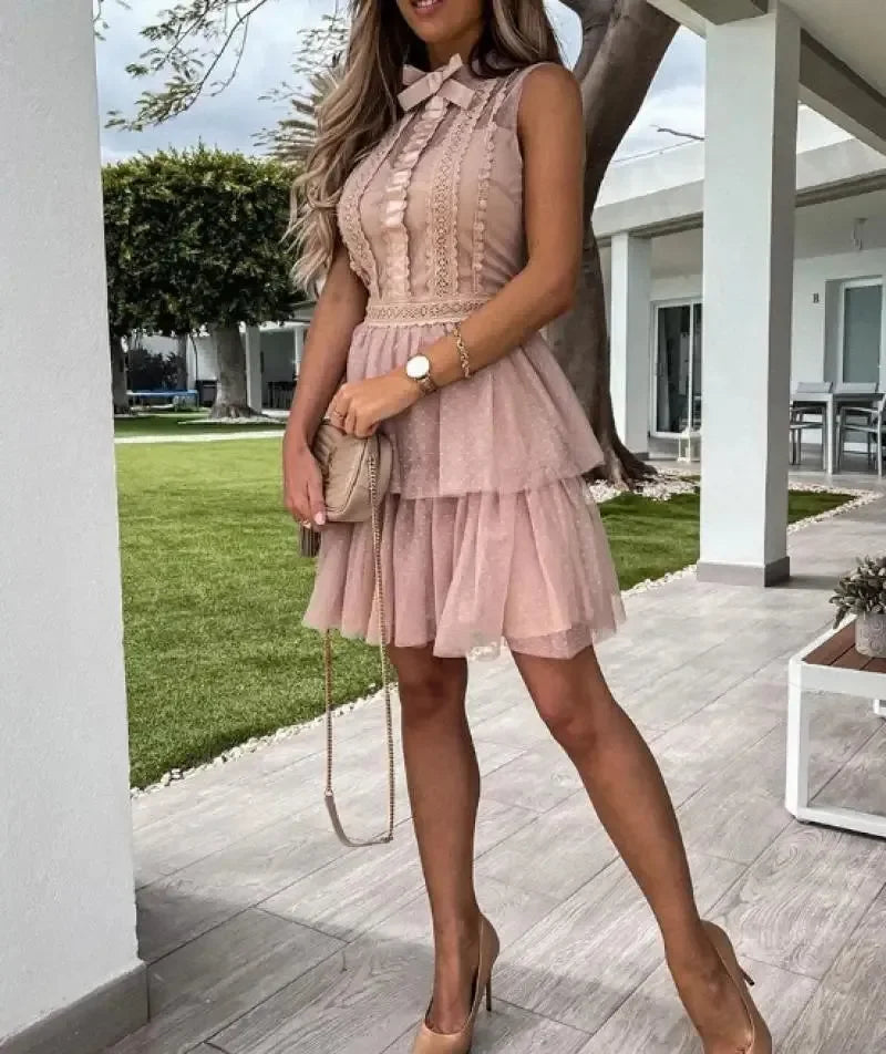 Mini Dress Women Pink Ruffle Trim Sleeveless