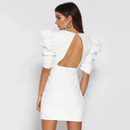 Summer Dress Women Mini Puff Sleeve V Neck Open Back Cotton White