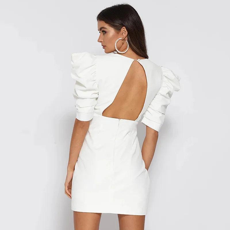 Summer Dress Women Mini Puff Sleeve V Neck Open Back Cotton White