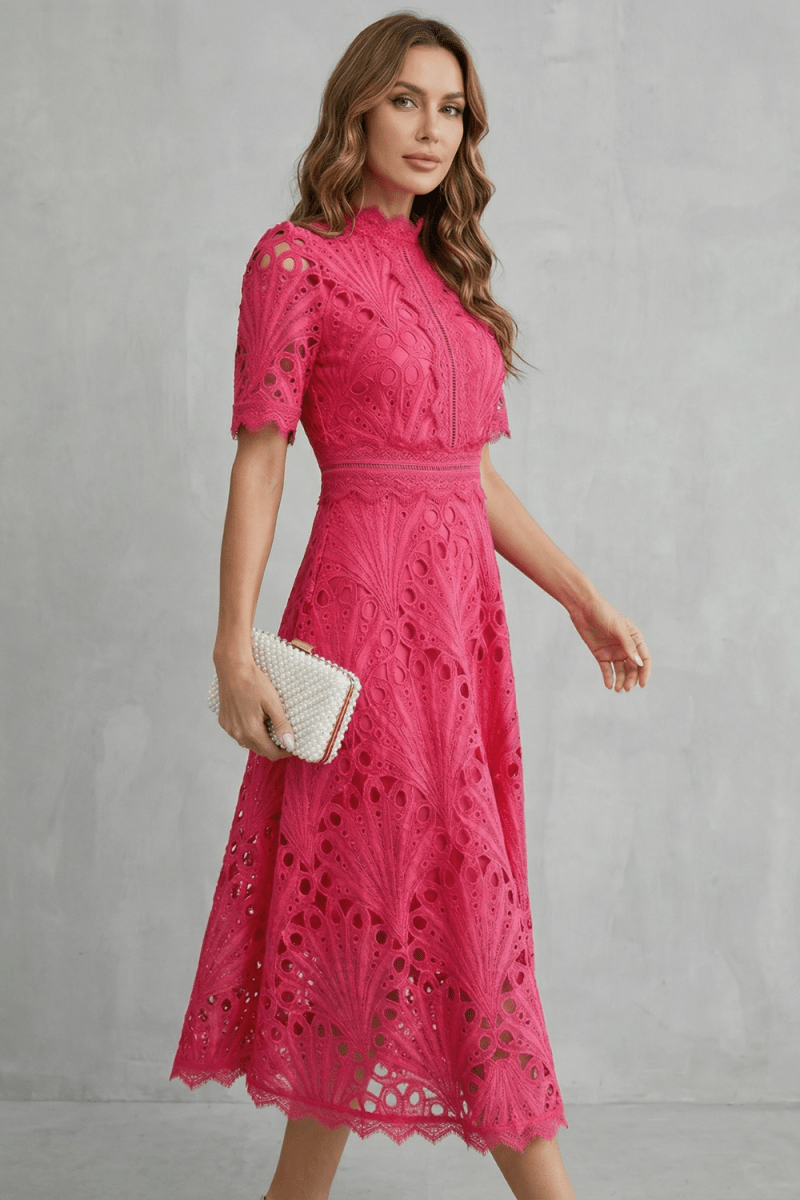 Nina | Midi Dress | A-Line Lace, High Neckline | Women's Formal