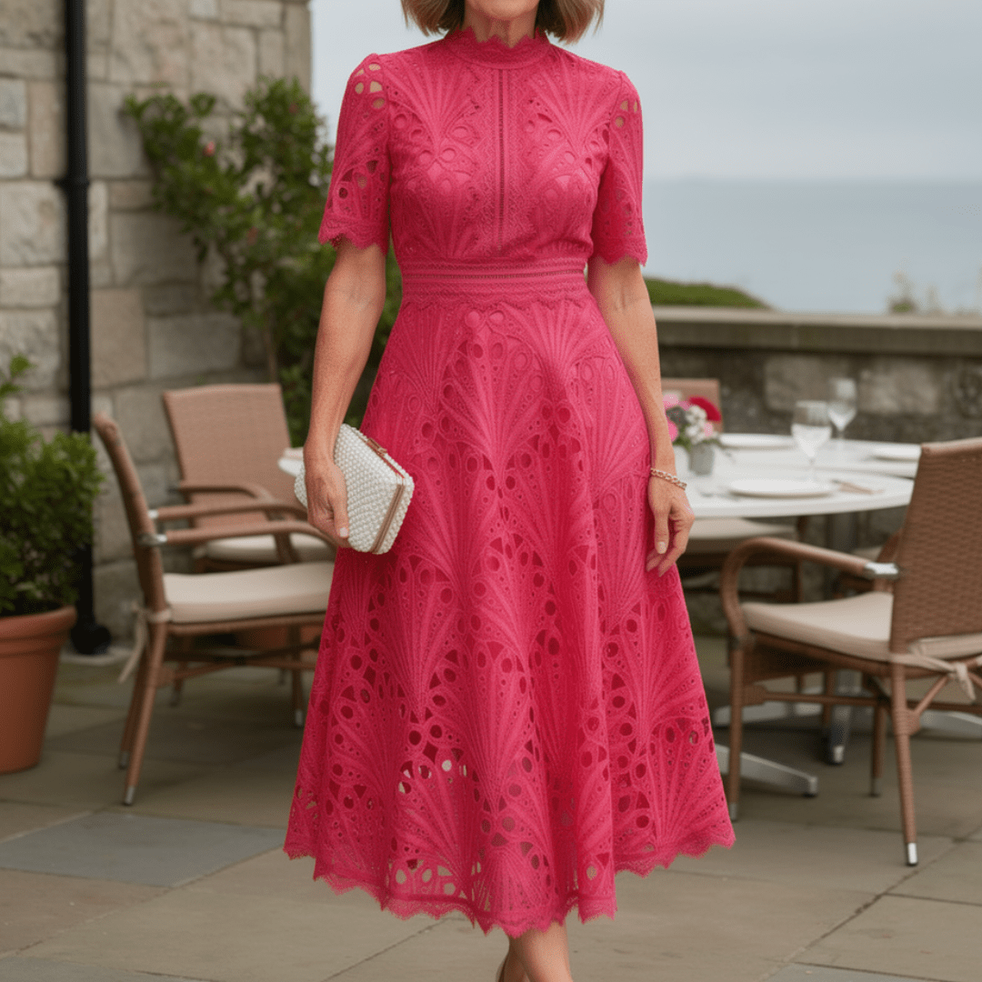 Nina | Midi Dress | A-Line Lace, High Neckline | Women's Formal