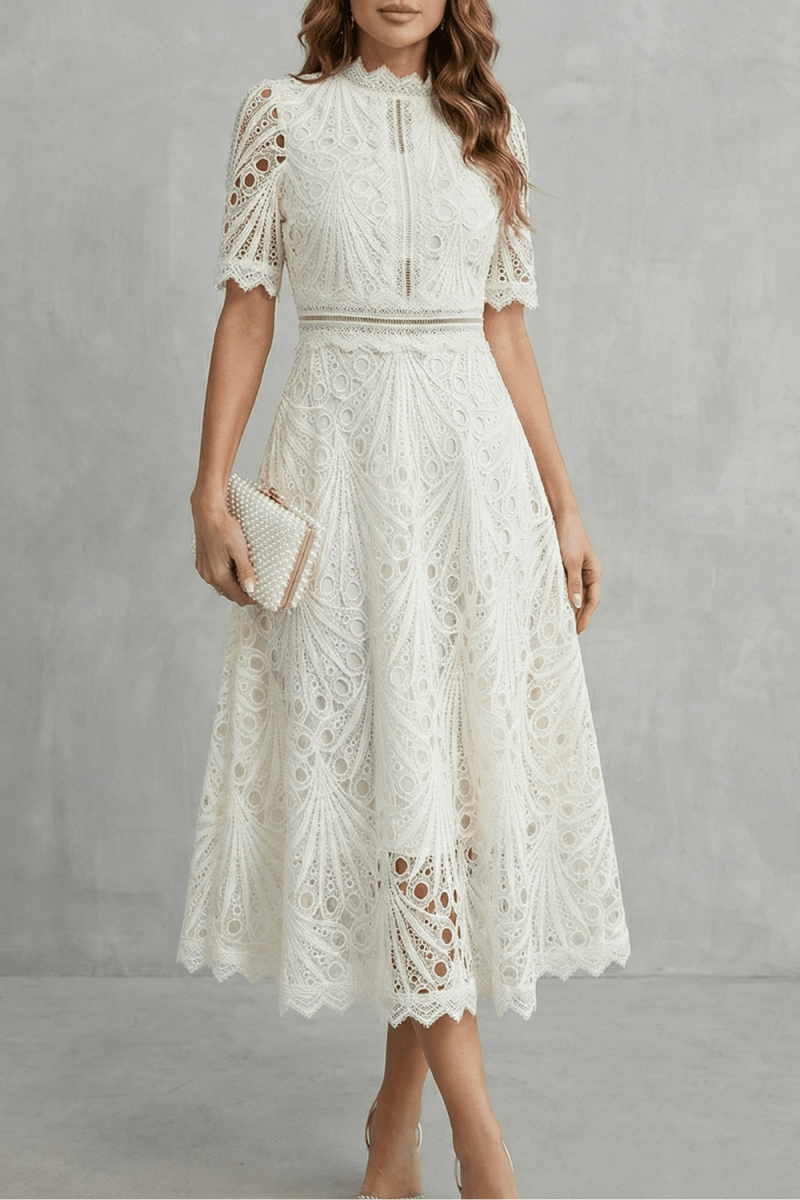 Nina | Midi Dress | A-Line Lace, High Neckline | Women's Formal
