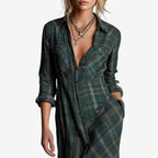 Women Shirt Dress Plaid Maxi Long Sleeve Button Front | Clea