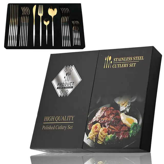 Kira | Cutlery Set 24 Piece | Stainless Steel, Gold Accent | Black, White, Rose