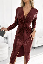 Sequin Dress Women Midi Long Sleeve Deep V Neck Sequin Embellished