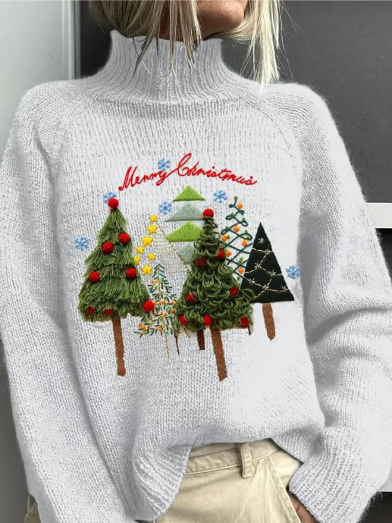 Christmas Sweater Women Knit Roll Neck Embroidered Tree Motif