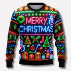 Christmas Sweater Unisex Neon Knit Reindeer Snowflake Pattern