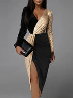 Sequin Dress Women Long Sleeve Midi Length Bodycon Black Gold
