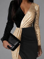 Sequin Dress Women Long Sleeve Midi Length Bodycon Black Gold
