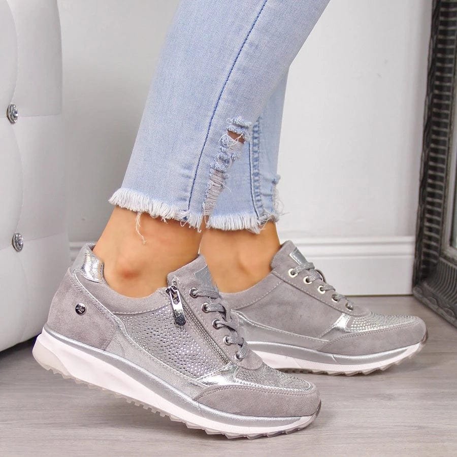 Women Wedge Sneakers Suede Platform Metallic Leather Accent Detail
