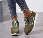 Women Wedge Sneakers Suede Platform Metallic Leather Accent Detail