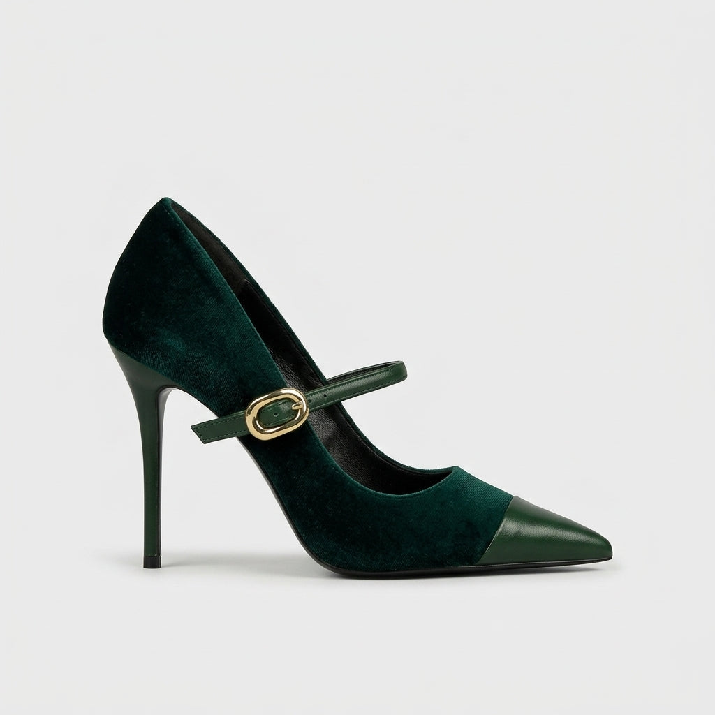 Velvet Heels | Women's Leather Mary Jane Pointed Toe Stiletto Pumps