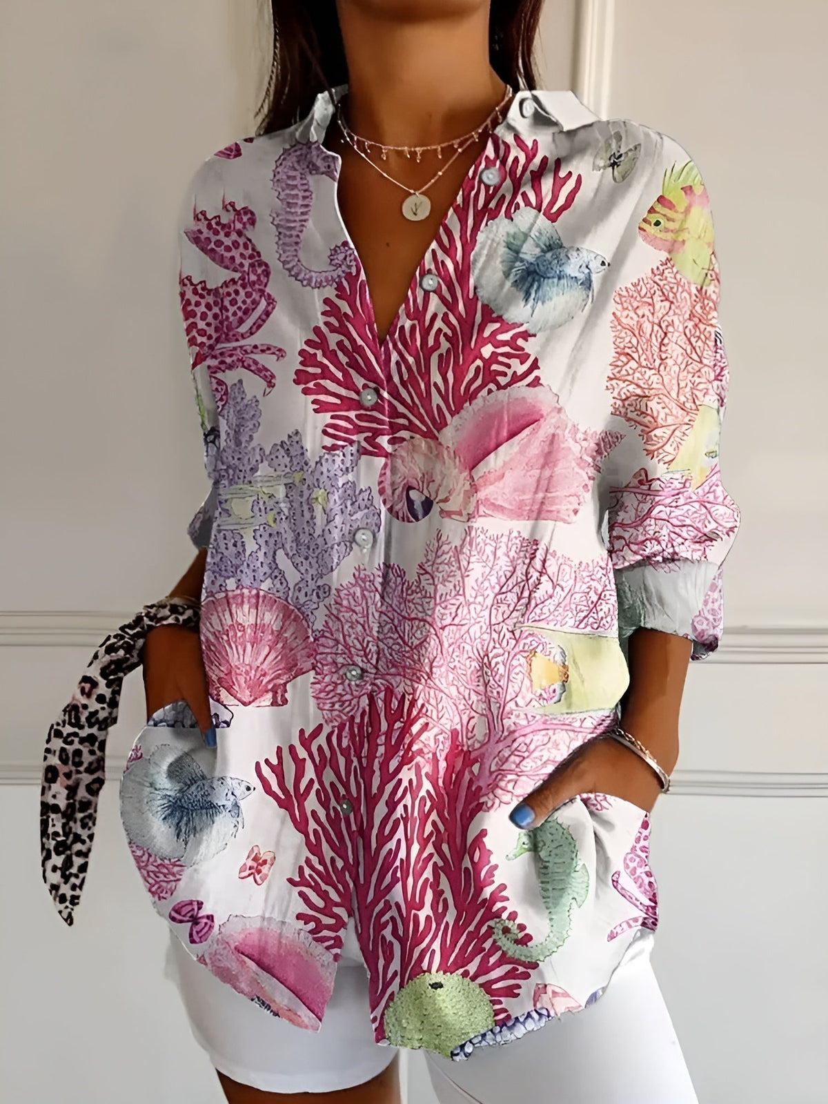 Women abstract print split neck blouse long sleeve button front in multiple colors