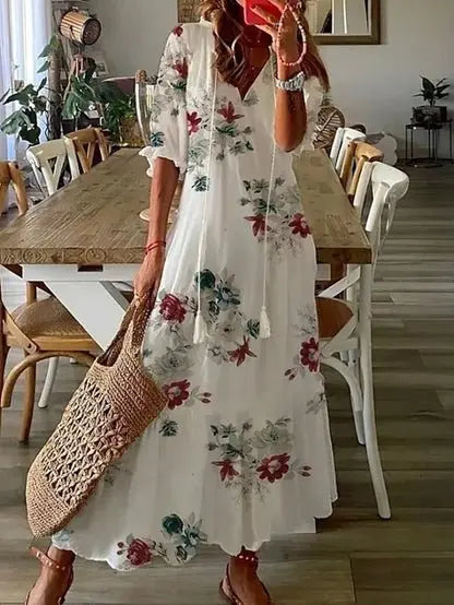 Soraya | Boho Dress | Women's Flowy A-Line, V-Neck, Lantern Sleeves