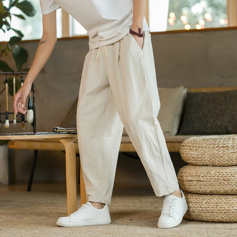 Men Linen Pants Tapered Relaxed Fit Elastic Waist | Nina