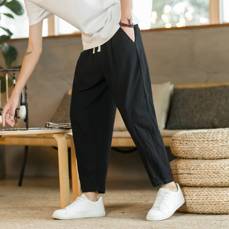 Men Linen Pants Tapered Relaxed Fit Elastic Waist | Nina