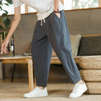 Men Linen Pants Tapered Relaxed Fit Elastic Waist | Nina