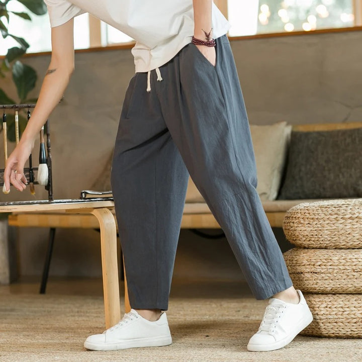 Men Linen Pants Tapered Relaxed Fit Elastic Waist | Nina