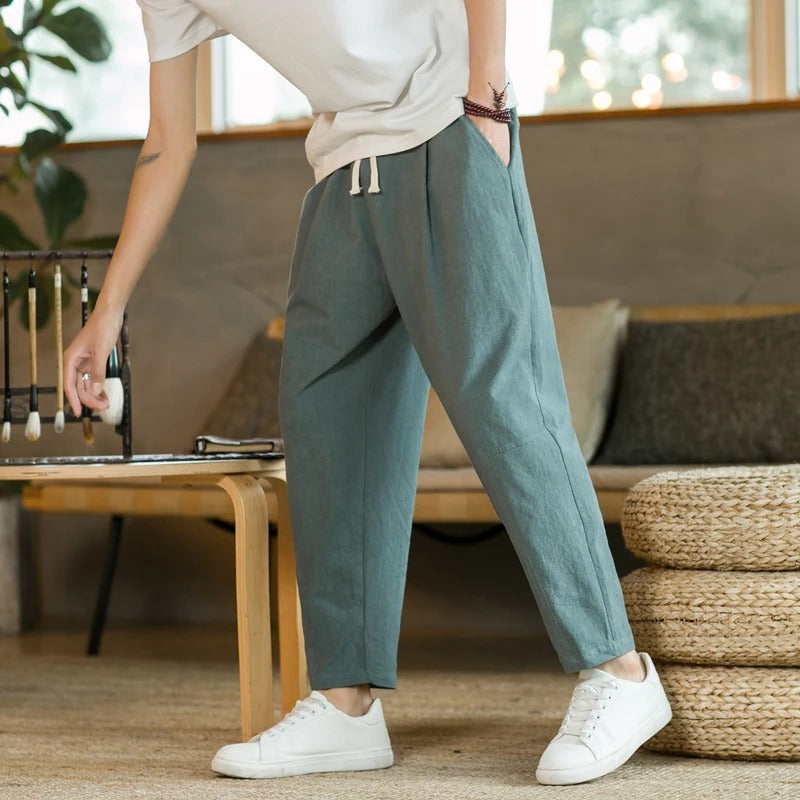 Men Linen Pants Tapered Relaxed Fit Elastic Waist | Nina