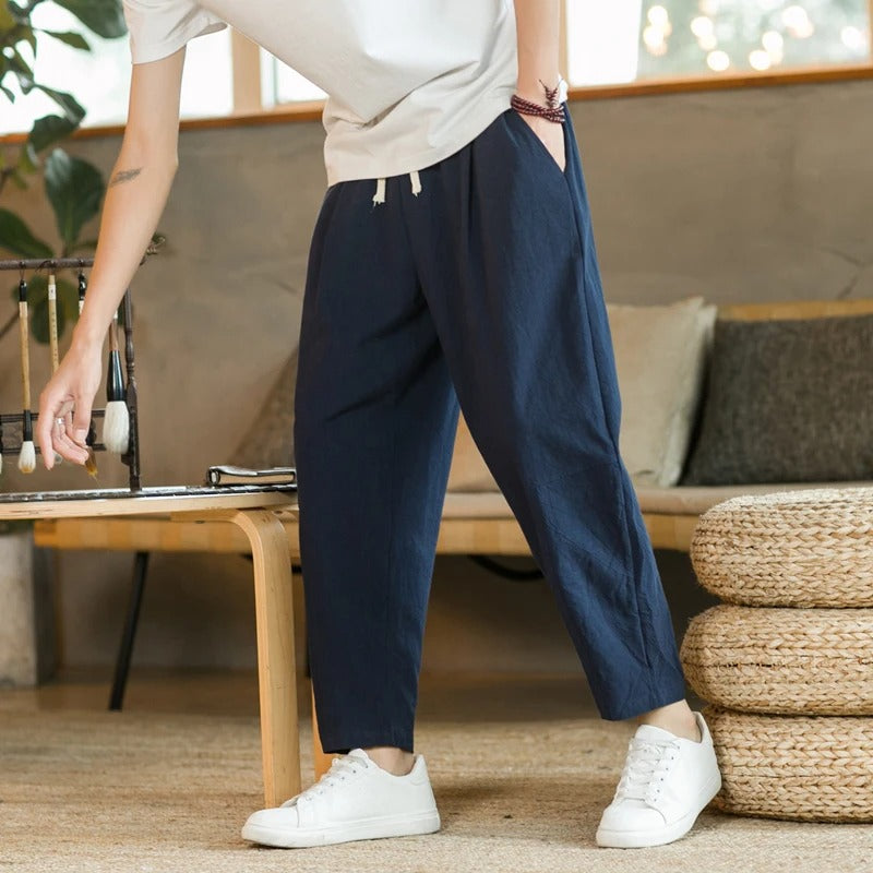 Men Linen Pants Tapered Relaxed Fit Elastic Waist | Nina