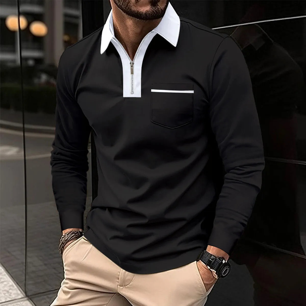 Men Cotton Blend Long Sleeve Shirt Contrast Collar Half Zip