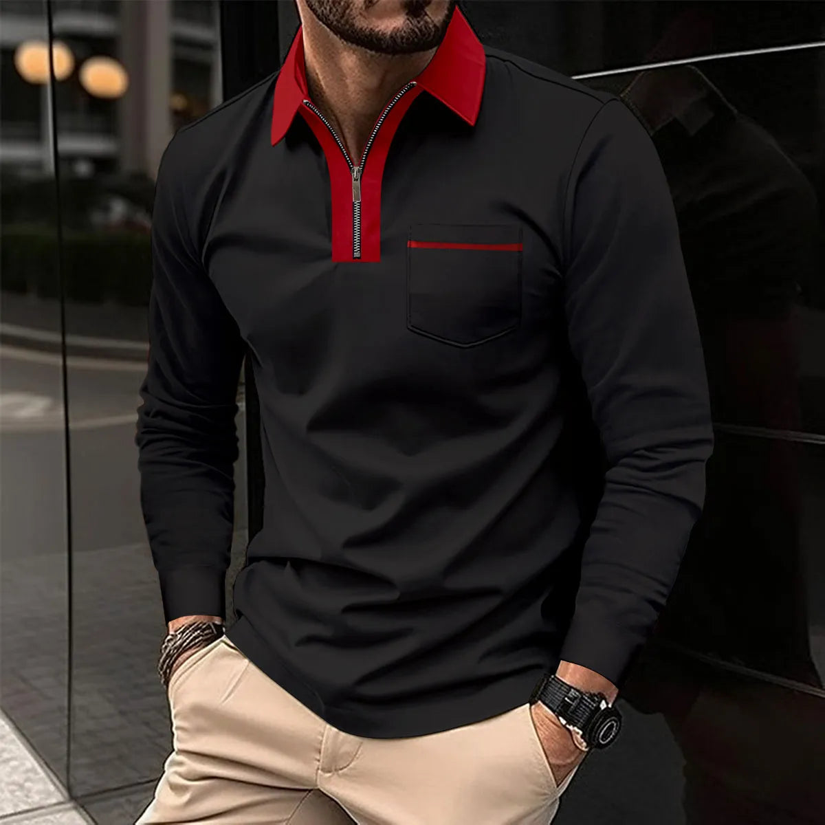Men Cotton Blend Long Sleeve Shirt Contrast Collar Half Zip