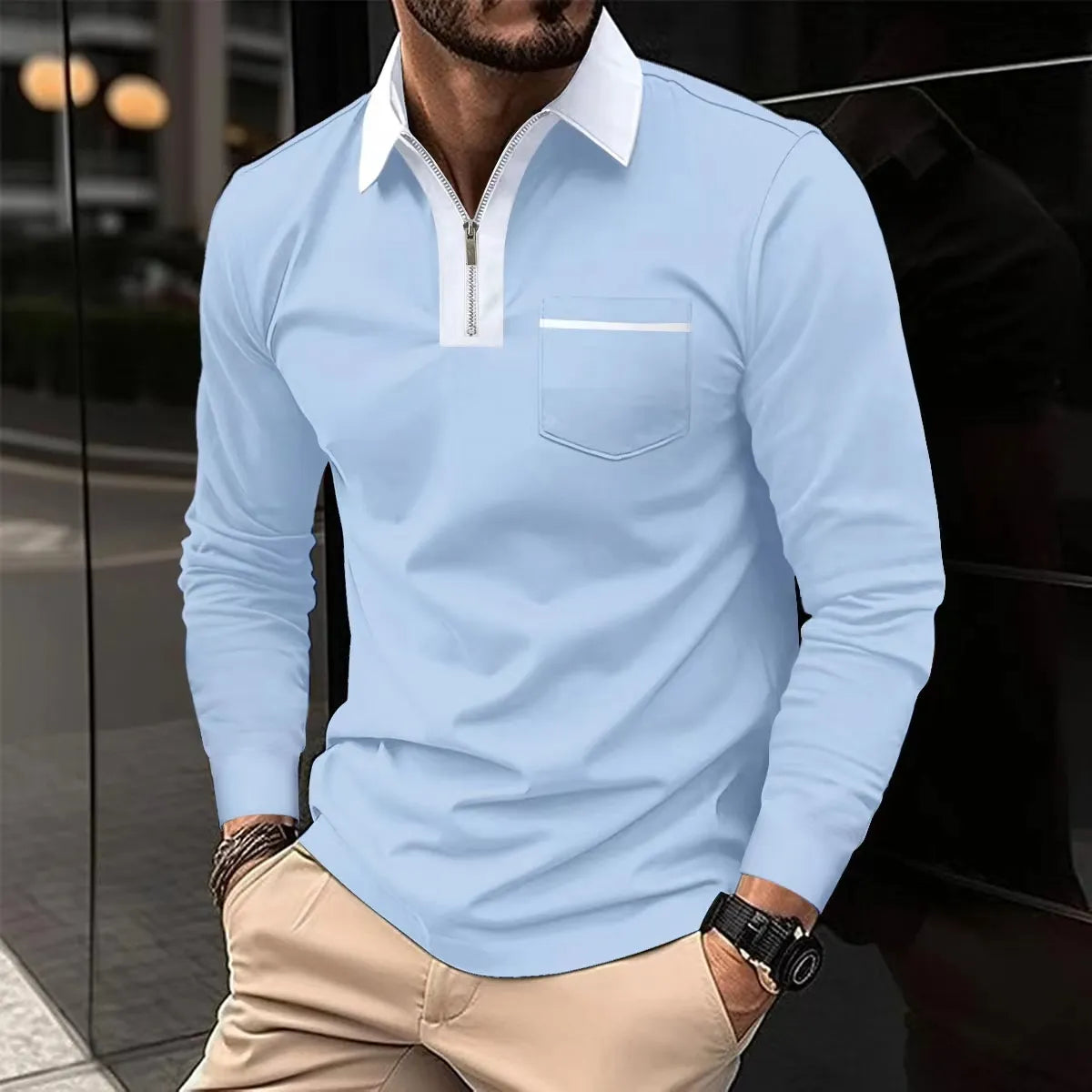 Men Cotton Blend Long Sleeve Shirt Contrast Collar Half Zip