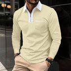 Men Cotton Blend Long Sleeve Shirt Contrast Collar Half Zip