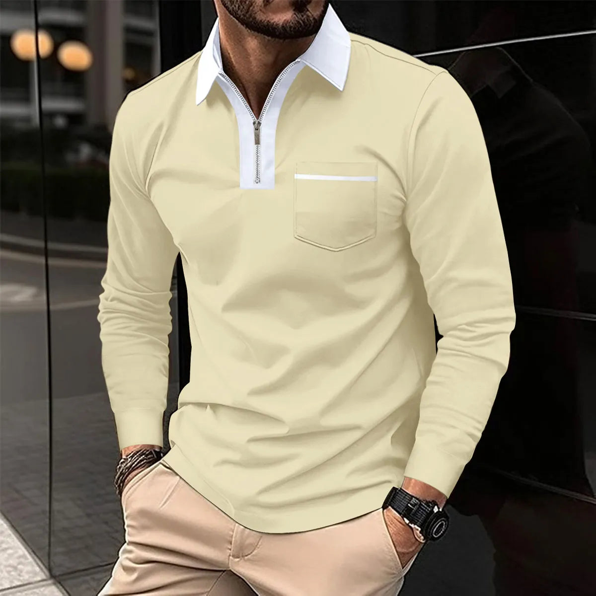 Men Cotton Blend Long Sleeve Shirt Contrast Collar Half Zip