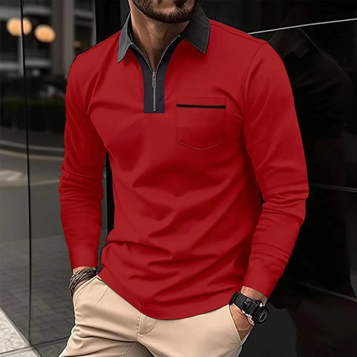 Men Cotton Blend Long Sleeve Shirt Contrast Collar Half Zip