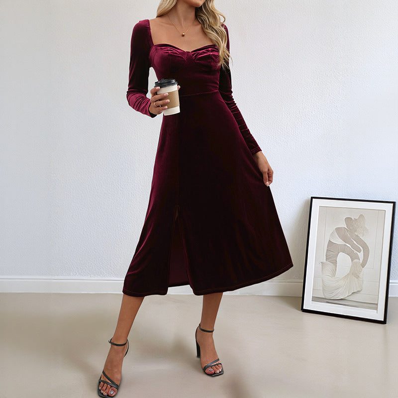 Velvet Dress Women Long Sleeve Midi A Line Sweetheart Neckline